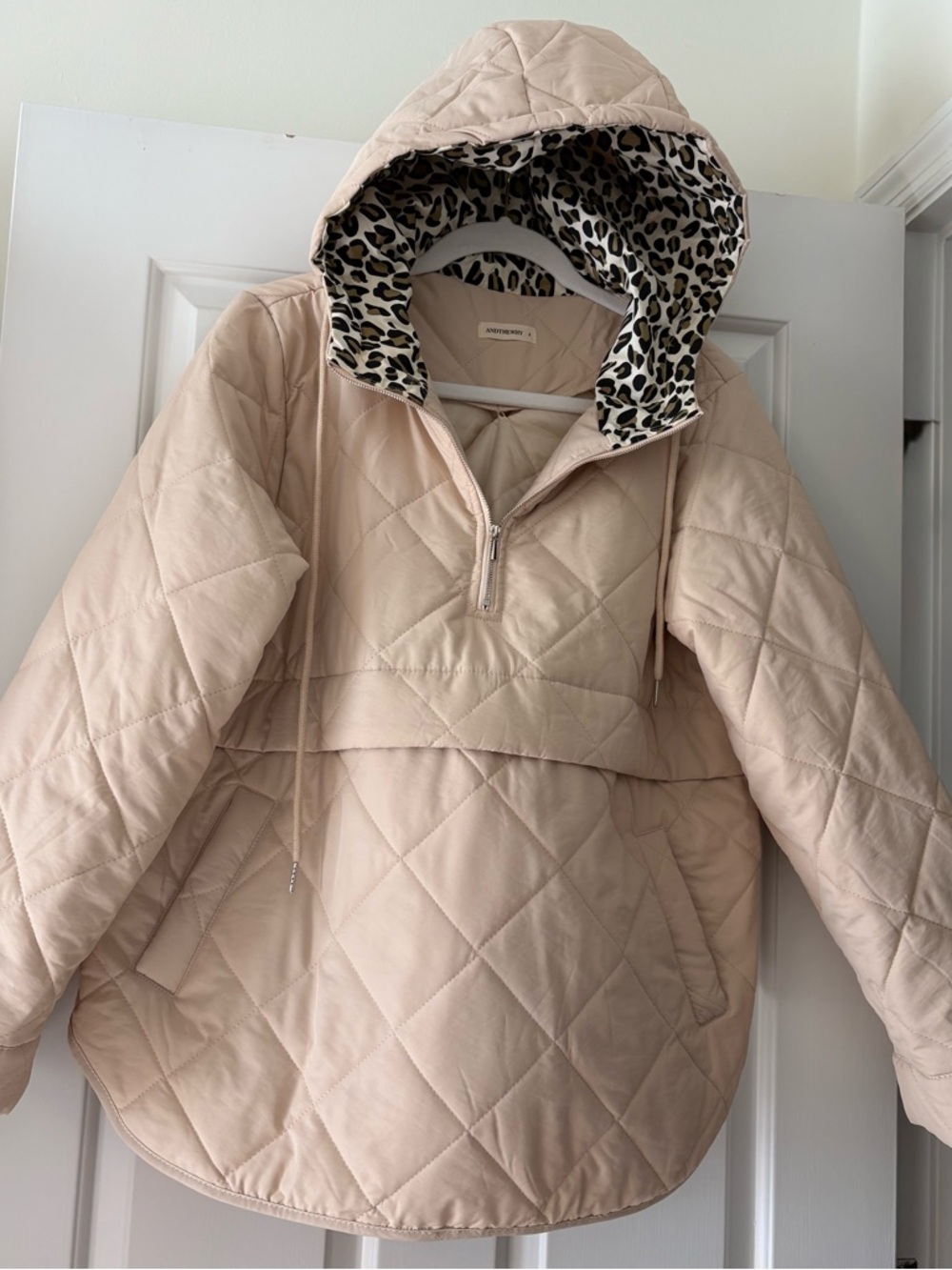 Quilted Hooded Pullover with Leopard Lining - tan